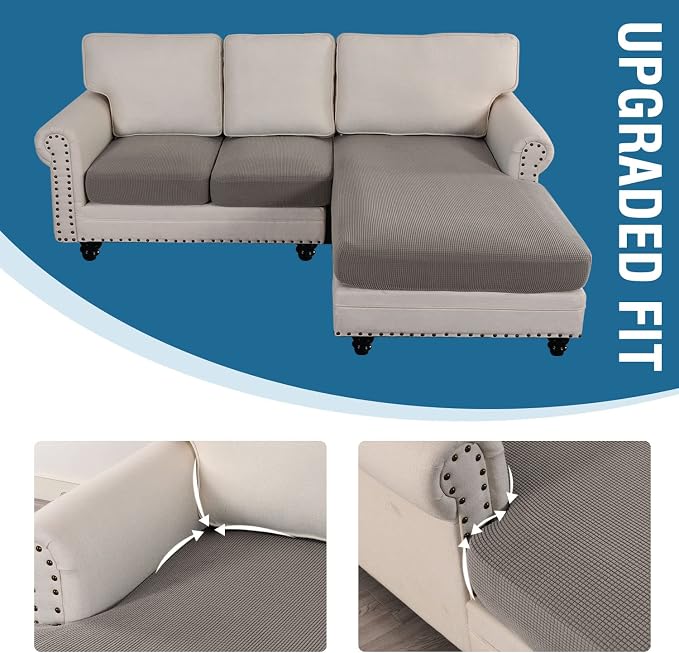 H.VERSAILTEX Sectional Couch Covers 3 Pieces Sofa Seat Cushion Covers L Shape Separate Cushion Couch Chaise Cover for Both Left/Right Sectional Couch (Seat Only: 1 Chaise + 2 Sofa, Taupe)