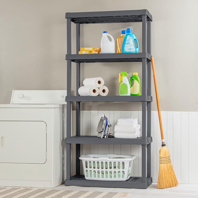 Sterilite 5 Shelf Unit, Heavy-Duty Plastic Utility Storage Rack, 2-Pack | Freestanding Shelving Organizer with 150 lb Capacity Per Shelf for Kitchen, Bathroom, Garage, Basement, Pantry & Laundry Room