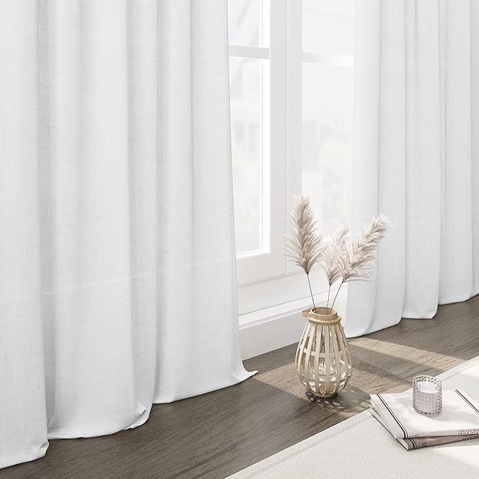 Nanspring White Linen Curtains for Living Room 123 Inches Long Extra Long Back Tab Curtains Farmhouse Semi Sheer Light Filtering Linen Drapes Ceiling to Floor for Large Window 2 Panels Set 52x123