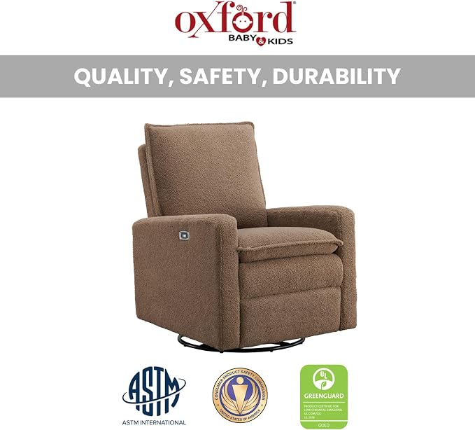 Oxford Baby Uptown Power Glider Recliner Rocking Chair 270° Swivel for Nursery and Living Room, Teddy Brown, Green Guard Gold Certified