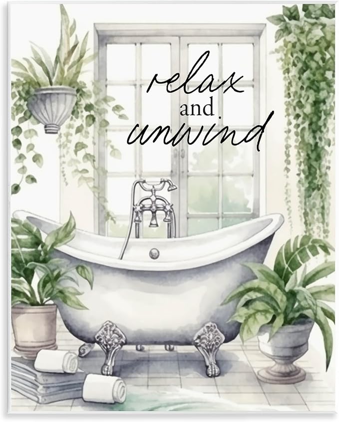 Relax Unwind Bath Foliage Bath, 11 x 14 Inch Mounted Print on Wall Plaque | Stupell Industries · By Lettered and Lined · Ready to hang · Hand finished · Printed in Johnston · Rhode Island · Made in USA