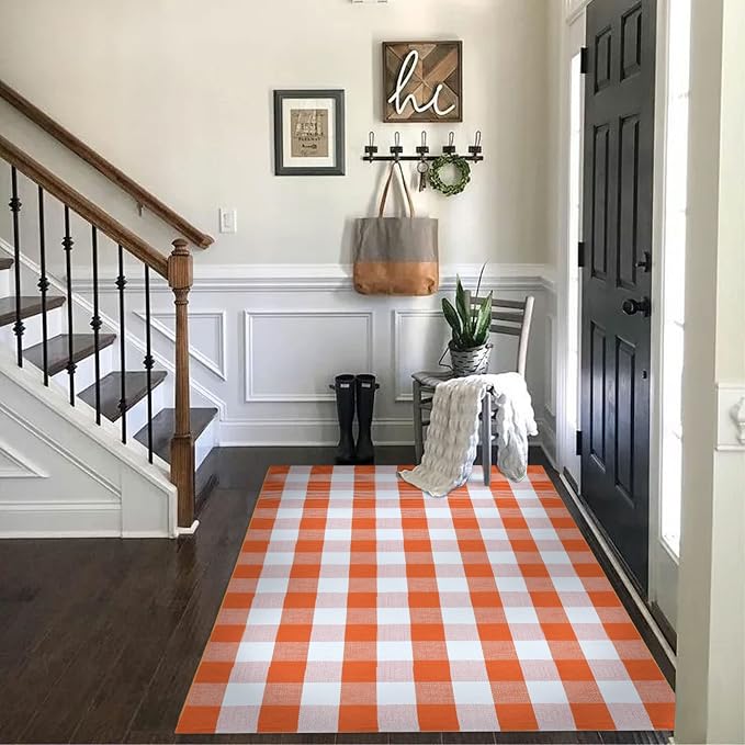 SEEKSEE Buffalo Plaid Rug 4' x 6' Orange and White Large Front Door Mat, Layering Area Rug, Halloween Rug for Outdoor Patio Entryway Indoor Living Room Kitchen Dining Room Decor