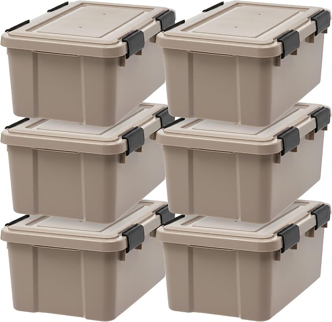 IRIS USA 6-Pack 19 Qt Storage Bins with Gasket Lids, Tan | WeatherPro seal protects shoes, crafts, documents and supplies from dust and moisture
