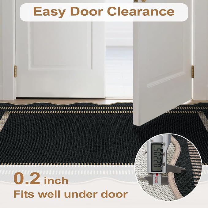 Scalloped Modern Easy Jute Carpet, 4x6 Outdoor Patio Washable Area Rug, Indoor Black Kitchen Rugs Farmhouse Neutral Non Slip Rug for Living Room Patio Entryway