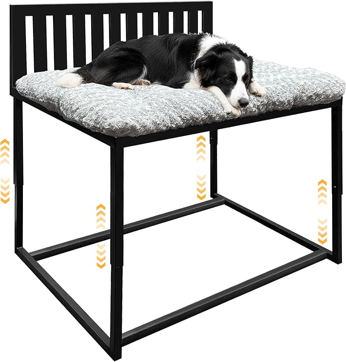 Heavy Duty Dog Bunk Bed, Adjustable Height Metal Dog Bed Frame with Wooden Side Panels & Washable Cushions, Elevated Raised Pet Bed for Large Dogs, 40.5''x28.5''