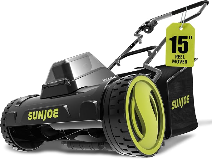 Sun Joe 24V-CRLM15 24V Cordless IONMAX Push-Reel Mower with 360W Motor, 15-Inch 5-Blade RAZOREEL System, and 11.9-Gallon Collection Bag | 15-Inch Cutting Width, 360W Motor - Heavy-Duty Yard Trimmer for Gardening Care and Maintenance, IONMAX
