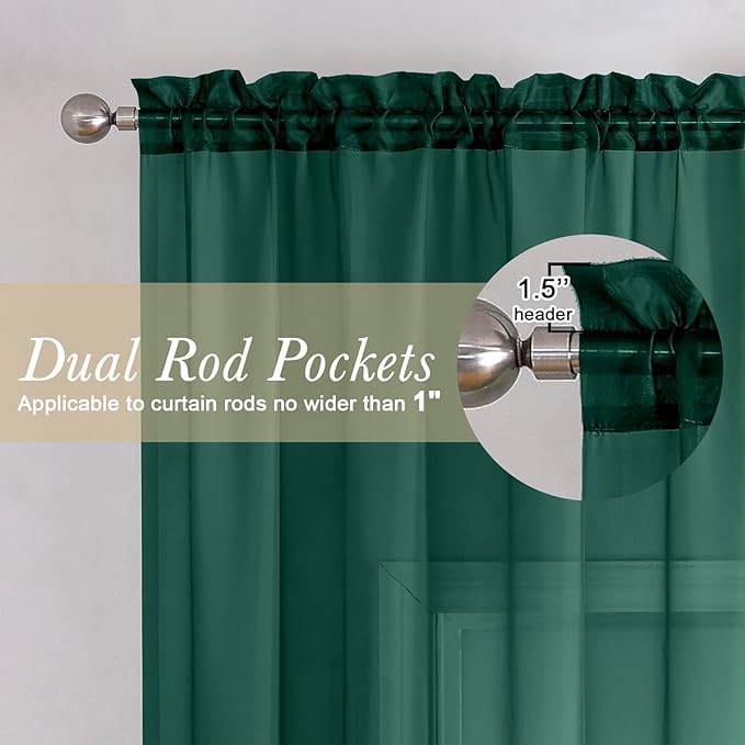 Lecloud Hunter Green Sheer Curtains 84 Inches Long 2 Panels Set, Rod Pocket - Image 2