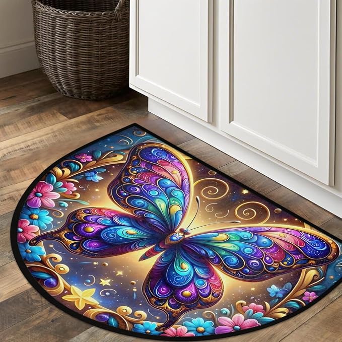 Pardick Half Round Doormat Butterfly Galaxy Floral Semi Circle Rug Non Slip Indoor Outdoor Entrance Half Moon Rug Washable Front Floor Mat for Kitchen Bathroom Patio Fireplace Holiday Decor