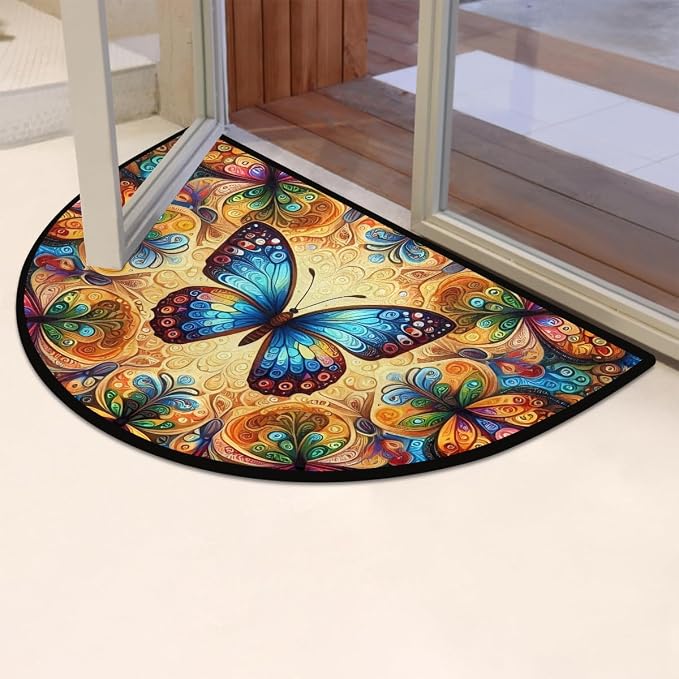 Colorful Butterfly Half Round Mat Half Moon Door Rug Washable Durable Semi Circle Carpet Floor mats for Indoor Outdoor Bathroom Kitchen Patio Hearth Rug Laundry Room Home Decoration
