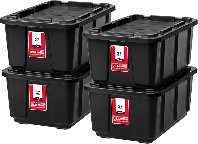 IRIS USA 4-Pack 27 Gal Heavy Duty Storage Tote Bins with Lids, Black | Large-capacity design handles moving, garage storage and bulky equipment, Stackable shape maximizes available space