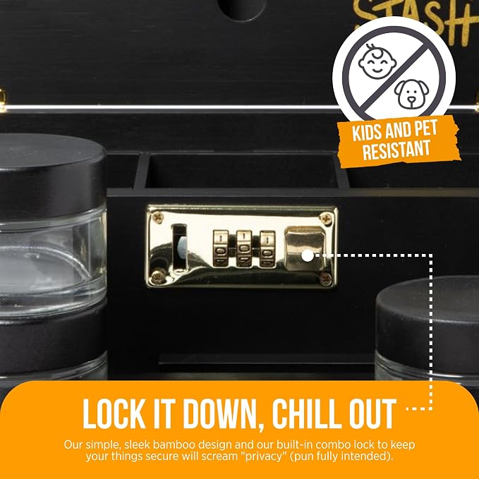 HASHSTASH The OG Storage Box - Large Bamboo Box with Combination Lock, Magnetic Lid, Organizer Tray, Airtight Tube and 3 Jars - Discreet Decorative Locking Wooden Box with Accessories (Black/Gold)
