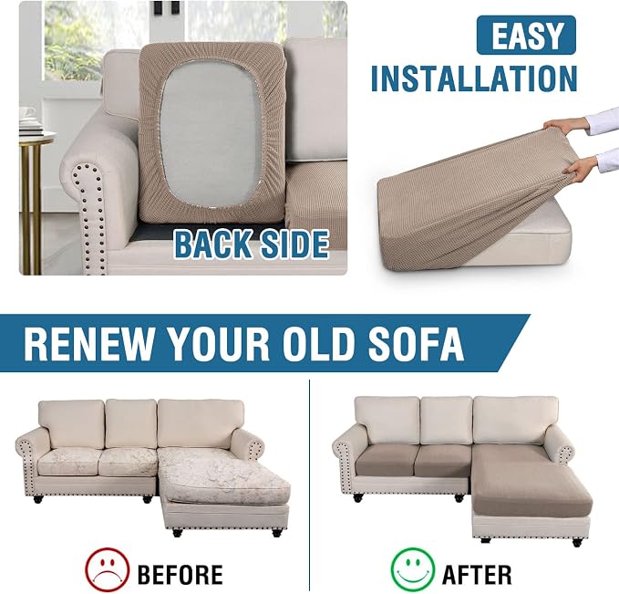 H.VERSAILTEX Sectional Couch Covers 3 Pieces Sofa Seat Cushion Covers L Shape Separate Cushion Couch Chaise Cover for Both Left/Right Sectional Couch (Seat Only: 1 Chaise + 2 Sofa, Sand)