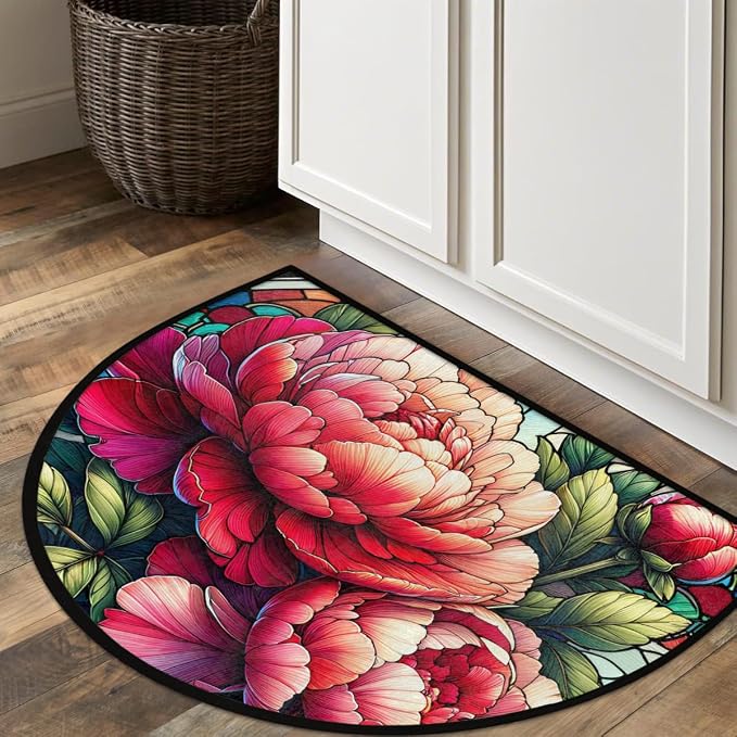 Flower Floral Peony Half Round Door Mat Non-Slip Semi Circle Rug Washable Half Moon Floor Rug Absorbent Bathroom Area Rugs for Outdoor Indoor Fireplace Mat Entryway Kitchen Decor Rugs