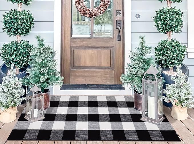 Black and White Outdoor Rug 24''X 51'' Front Porch Rug Cotton Woven Washable Checkered Layering Door Mat for Door Mats Outdoor Porch Entryway Bedroom Living Room