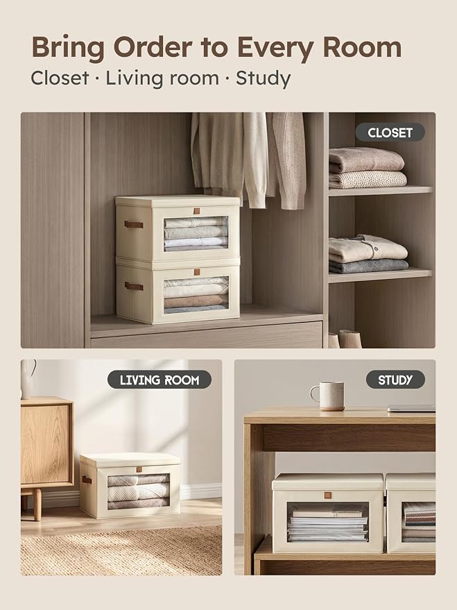 Homsorout Medium Fabric Storage bins - Collapsible Storage Bins with Open Window, 3 Pack Closet Baskets for Shelves, Stackable Decorative Boxes for Home, Dorm, Beige, 13.7"x 9.8" x 9.8"