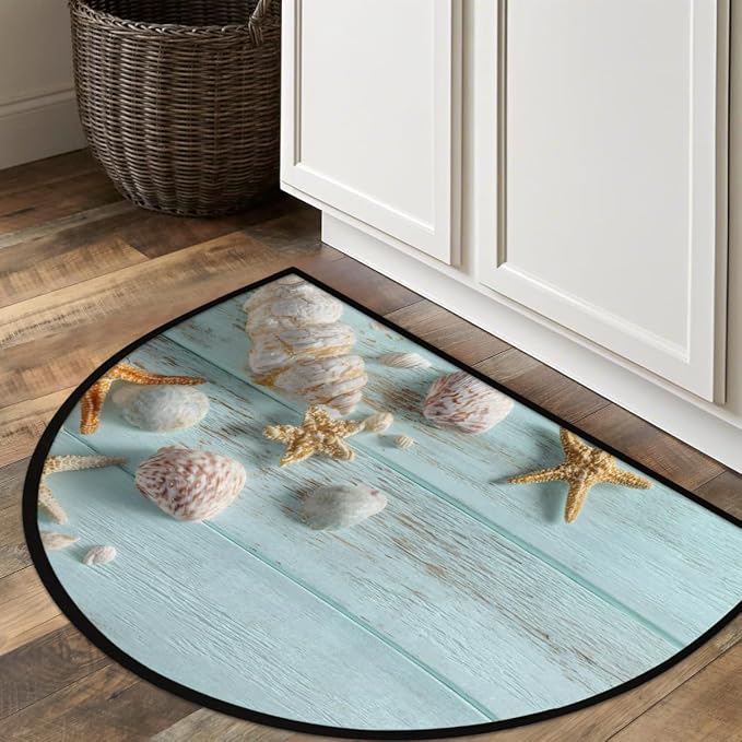 Starfish Wood Half Round Door Mat Welcome Entrance Mat Bath Bathroom Rug | Starfish Wood Welcome Entrance Mat Anti-Slip Half Moon Bath Mat Semi Circle Rug Indoor Outdoor Kitchen Rug