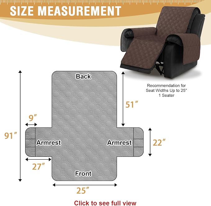 H.VERSAILTEX 100% Waterproof Recliner Chair Covers, Recliner Covers Non-Slip Stay in Place, Thick Cover for Recliner Chair with Pocket, Dog Couch Cover Protector Washable(Brown, 25")