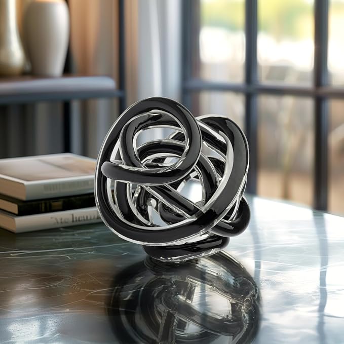 Torre & Tagus Orbit Hand Blown Glass Infinity Knot Sculpture - 4.5 Inch Glass Art Black Knot Decor Ball for Home Decor, Small Centerpiece Table Decoration for Home Interior (Solid Black)
