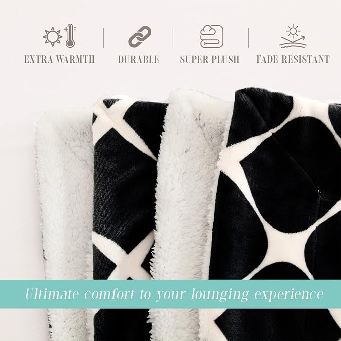 Elegant Comfort Throw Blanket, Reversible Sherpa Flannel, Ultra-Soft, Fuzzy, Cozy and Plush- All Season Lightweight Decorative Throw, 50 x 60 inches, Ogee Pattern Sherpa Throw, Black