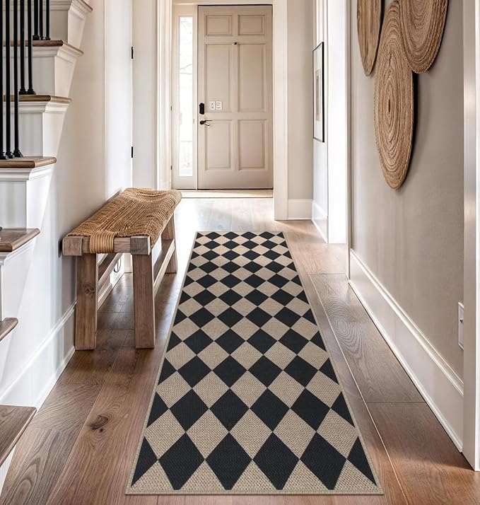 Rugalia Easy Jute Checkered Runner Rug, 2.6x8 Black Modern Washable Rugs Runner for Hallway Non-Slip Kitchen Runner Rug, Geometric Diamond Indoor Outdoor Carpet for Porch Laundry Entryway