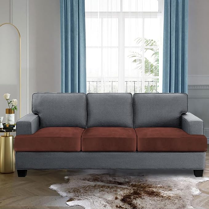 H.VERSAILTEX Stretch Velvet 3 Piece T Cushion Sofa Slipcovers for Living Room Individually Sofa Covers for 3 Cushion Seat Cushion Covers Stay with Elastic Bands (Sofa, Burnt Brick)