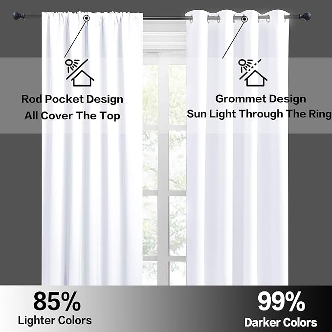 RYB HOME Short Curtains for Bedroom, Room Darkening Insulated Summer Heat Light UV Blocking Energy Saving Drapes for Nursery, Width 34 by Length 45, Pure White, Set of 2