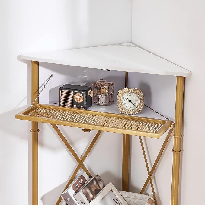 VECELO Corner Table for Small Spaces, Multipurpose Storage Cabinet Shelf Organizer with Flip Door in Living Room/Bedroom/Kitchen/Bathroom, Gold