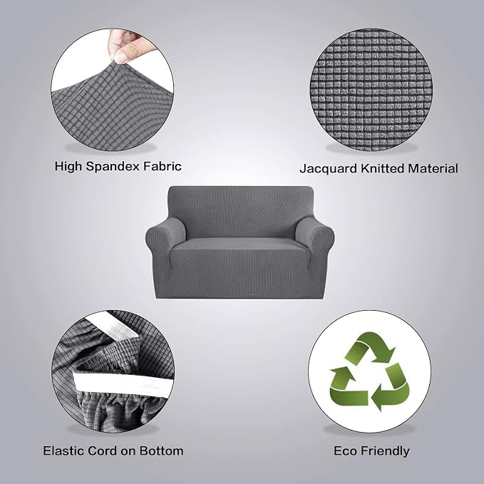 H.VERSAILTEX Stretch Couch Cover Loveseat Covers for Cushion Couch Slipcover|Sofa Cover for Love seat 1 Piece with Elastic Bottom, Checked Jacquard Fabric(Loveseat 58'-70' Wide, Grey)