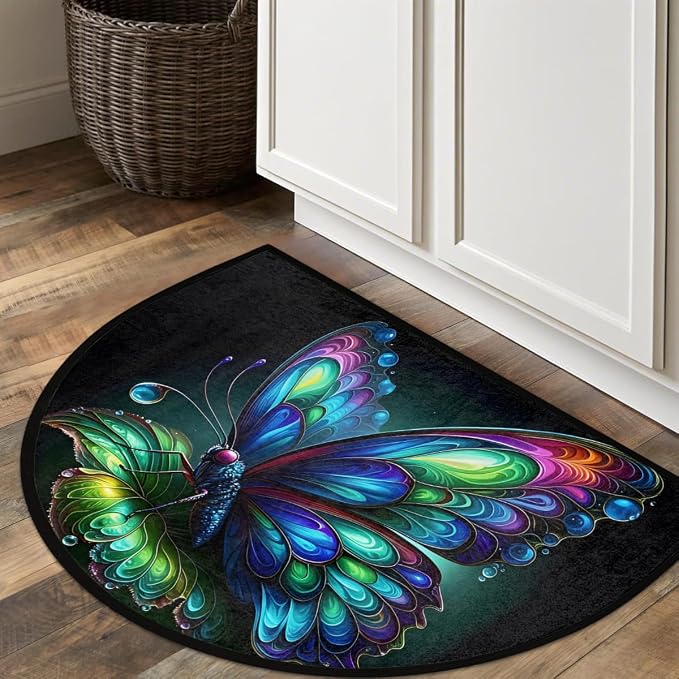 Art Butterfly Half Round Door Mat Semi Circle Rug Half Moon Doormat | Art Butterfly Green Soft Washable Welcome Entrance Mat for Outdoor Indoor Floor Bedroom Bathroom Home Kitchen Festival Decor
