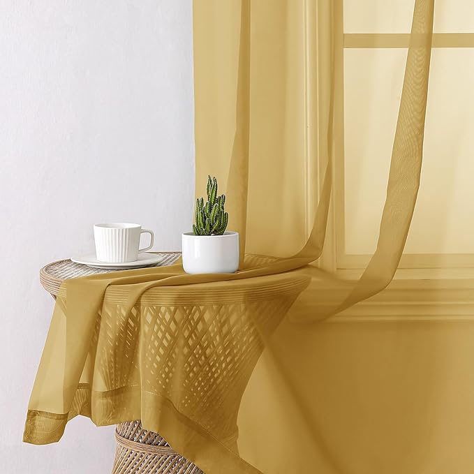 Lecloud Gold Sheer Curtains 78 Inches Long 2 Panels, Breathable Solid Voile Light Filtering Curtain, Lightweight Home Decor Drapes with Rod Pocket for Bedroom Living Room, Each 42" W x 78" L