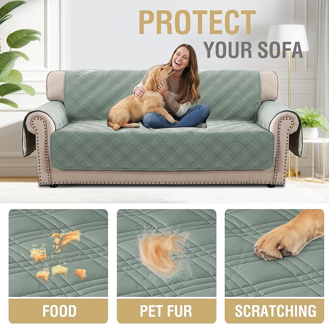 H.VERSAILTEX 100% Waterproof Slipcovers for Couches and Sofas Modern Pet Couch Cover Thick Soft Furniture Protector with Elastic Straps(Sofa, Lily Pad/Beige)