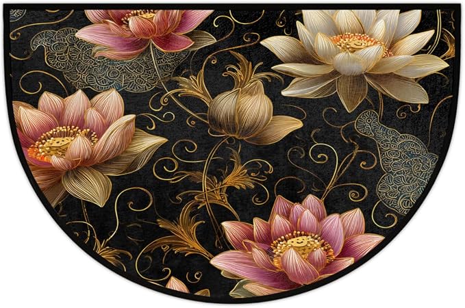 Lotus Half Round Doormat Semi Circle Rug Half Moon Rug Entryway Mat | Floral Flower Washable Non Slip Outdoor Floor Rug Kitchen Mat for Indoor Outdoor Bathroom Fireplace Bath
