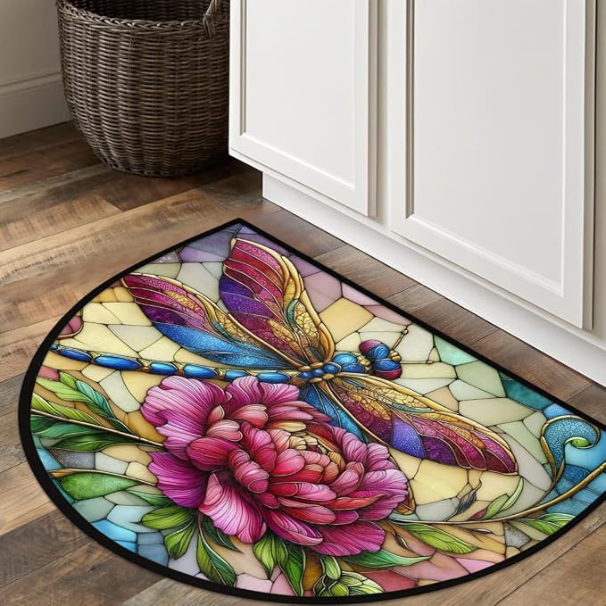 Dragonfly Half Round Door Mat Non Slip Half Circle Rugs | Art Rainbow Washable Half Moon Rug Semi Circle Rugs Indoor Entrance Floor Carpet for Kithen Bedroom Fireplace Decor