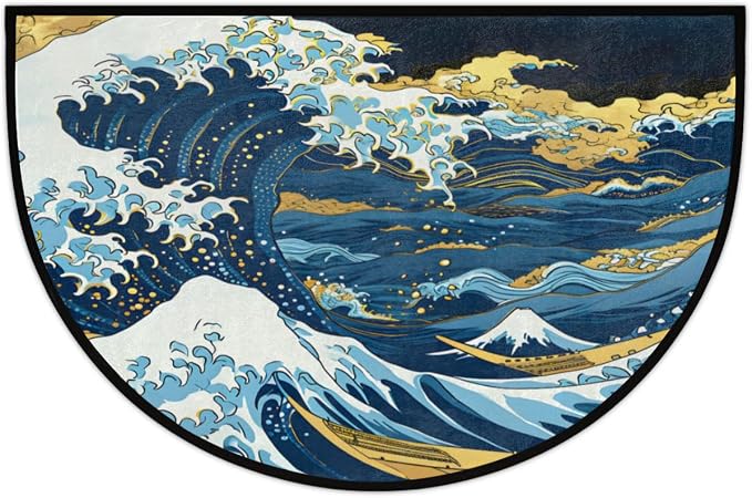 cfpolar Half Round Door Mat Semi Circle Non-Slip Bathroom Floor Rug, Big Wave Japanese Outdoor Welcome Entrance Way Mat Indoor Absorbent Kitchen Mat for Home,Garage,Patio,Bedroom 36" x 24"