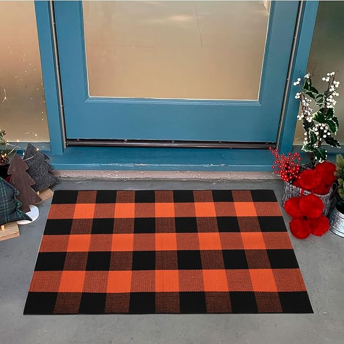 Buffalo Plaid Outdoor Rug 27.5" x 43" Orange and Black Checkered Area Rug Halloween Washable Doormats Fall Indoor Outdoor Rugs for Layered Front Door Mats, Porch, Entryway, Kitchen, Farmhouse