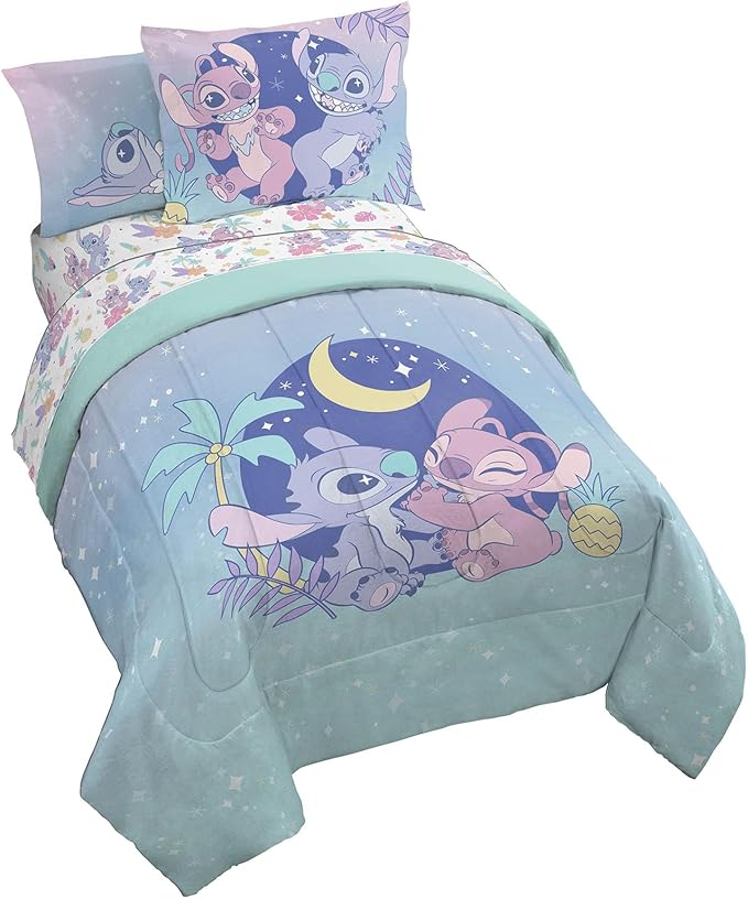 Disney Lilo and Stitch Full Comforter Set 7 Piece Kids Bedding, Multi | Bed in a Bag, Comforter Sheets Shams Pillowcases, Official Brand, Soft Microfiber, Machine Washable, Girls Gift
