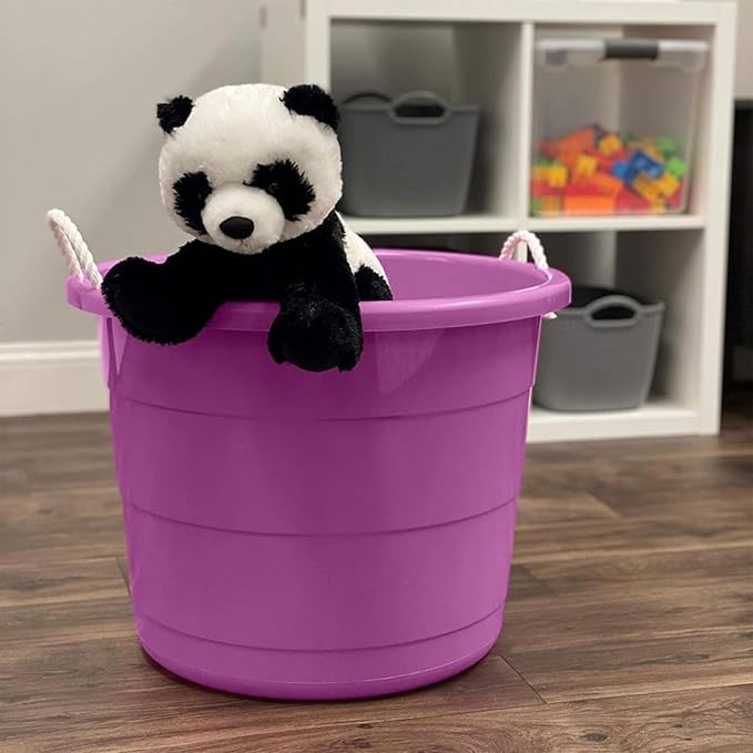 Homz 2 Pack of 17 Gallon Storage Buckets, Durable Plastic Containers, Sturdy Rope Handles, Large Tubs for Sports Equipment, Party Cooler, Gardening, Toys and Laundry, Orchid