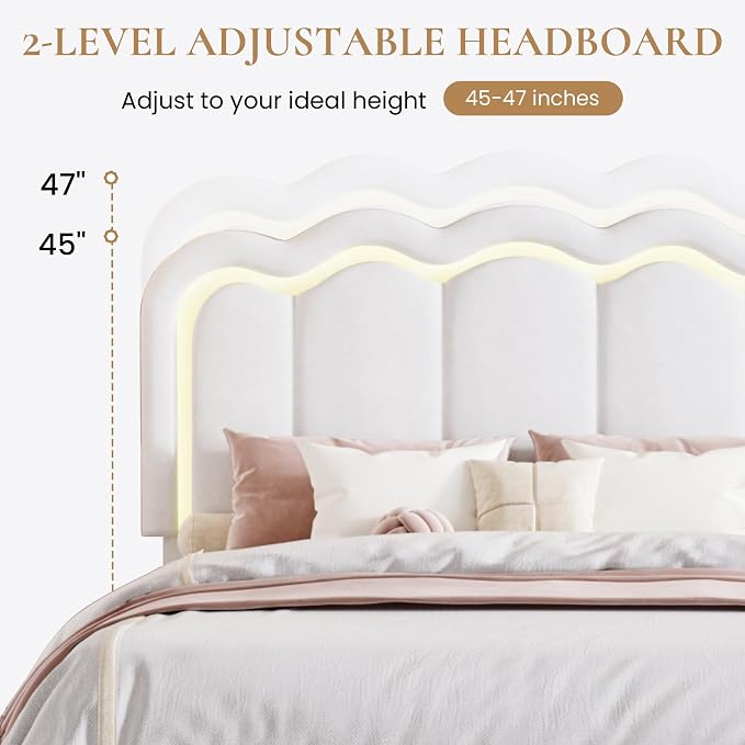 SHA CERLIN Full Size Bed Frame with LED Lights and Storage Drawer, White | Upholstered Velvet Platform Bed with Adjuatable Wavy Headboard, Noise-Free, Easy Assembly,No Box Spring Needed