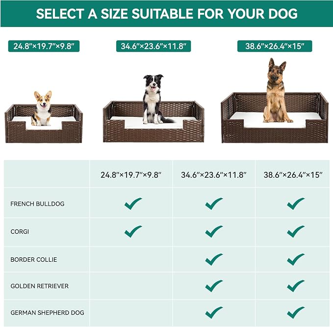 YITAHOME Rattan Dog Sofa Bed with Cushion,Wicker Pet Bed Sofa Couch Indoor Outdoor Waterproof for Large Medium Small Dogs Cats (38.6''L*26.4''W*15''H,Beige)
