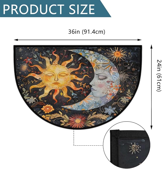 Sun Moon Half Round Doormat Semi Circle Rug Half Moon Rug Entryway Mat | Ethnic Washable Non Slip Outdoor Floor Rug Kitchen Mat for Indoor Outdoor Bathroom Fireplace Bath Decor