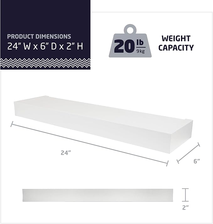 High & Mighty Floating Shelf, 24in, 1 Pack, White | Composite shelf, 20lb capacity, tool-free drywall mounting for books, photos, plants, and decor in any room