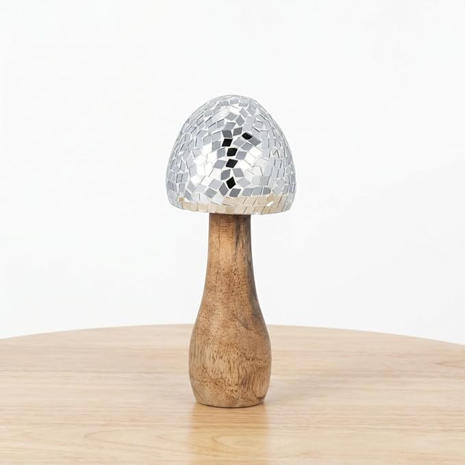 Mango Wood Mushroom Figurine Sculpture – Room Decor Accent for Shelf, Console, or Desk Placement, Boho Home Decor Mosaic Design Detail – 8", Silver and Natural Wood Finish