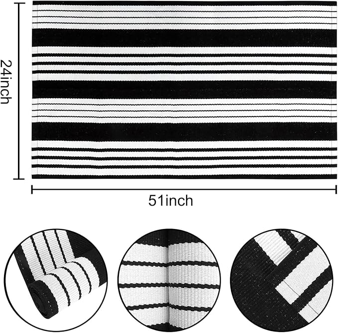 Striped Outdoor Rug 24'' x 51''Black and White Front Porch Mat, Cotton Washable Woven Layered Doormats for Entryway Bedroom
