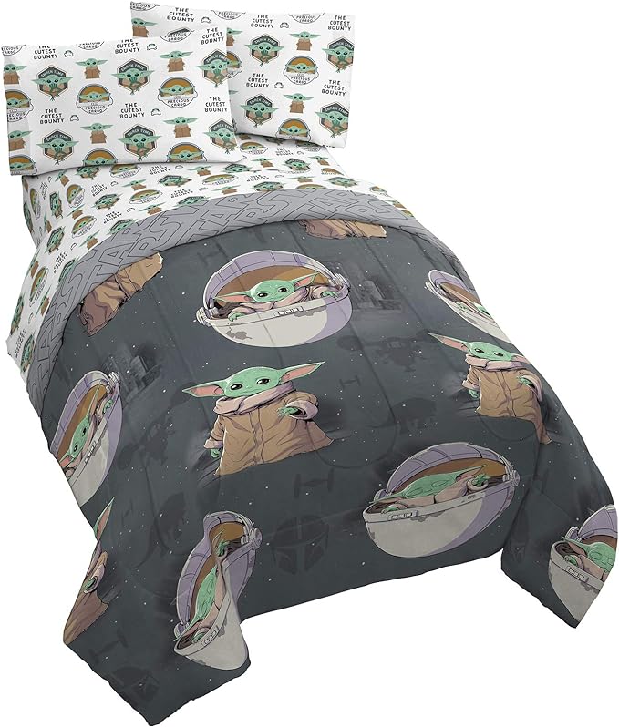 Star Wars Mandalorian Full Size Comforter Set 5 Piece Kids Bedding, Gray | Grogu Baby Yoda, Comforter Sheets Pillowcases, Official Product, Soft Microfiber, Machine Washable, Easy Care, Kids Gift