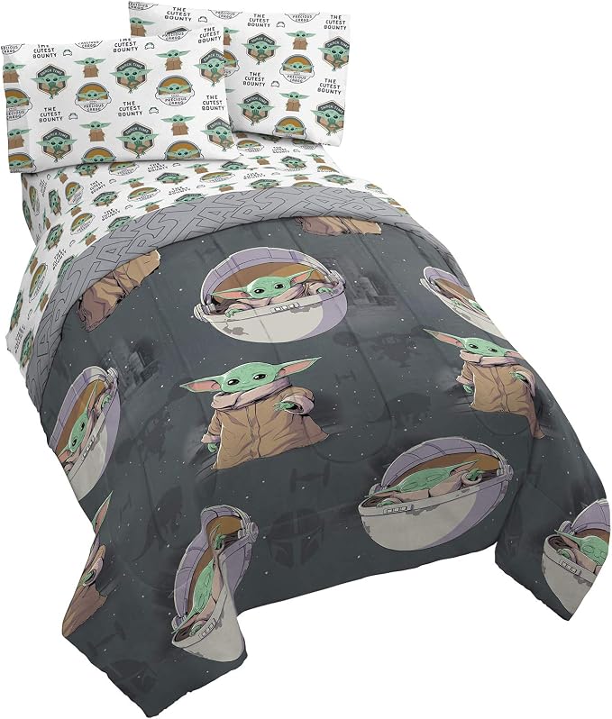 Star Wars Mandalorian Grogu Twin Comforter Set 4 Piece Kids Bedding, Gray | Baby Yoda, Comforter Sheets Pillowcase, Official Product, Soft Microfiber, Machine Washable, Easy Care, Kids Gift