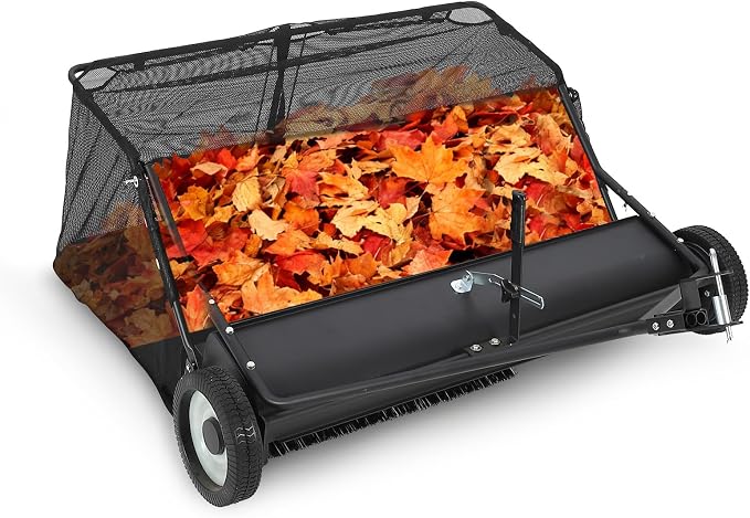 Garvee 48 in Lawn Sweeper Tow Behind, Pull Behind Yard Sweeper, 25.16 cu. ft Large Hopper Leaf & Grass Collector, Heavy Duty Garden Sweeper with Adjustable Sweeping Height for Yard, Lawn, Farm