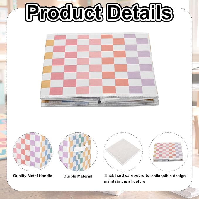 Bokon 11 Inch Colorful Checked Fabric Storage Cube Back to School Classroom Must Have Cube Storage Organizer with Handle Collapsible Cubby Basket Bin Gift for School Lockers Homeschool Office