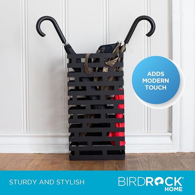 BIRDROCK HOME Decorative Umbrella Stand with Removable Water Tray - Large Freestanding Umbrella Rack and Cane Walking Stick Organizer - Metal Umbrella Holder for Entryway & Indoor Use - Black, Striped | Decorative Large Freestanding Rack and Cane Walki...