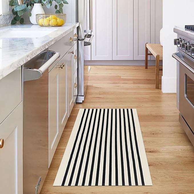 KOZYFLY Black and Beige Striped Porch Rug 27.5x43 Inches Area Rug Washable Outdoor Doormat Front Door Mat Cotton Striped Indoor Outdoor Rug for Front Door Kitchen Entryway Patio Porch