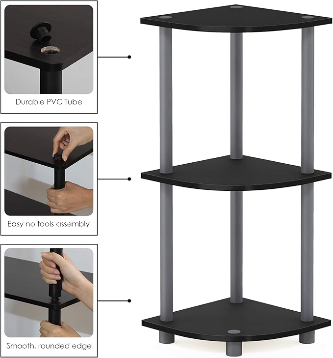 Furinno Turn-N-Tube Toolless Assembly 3-Tier Corner Shelf, Black Corner Book Shelf, Open Shelves Bookshelf, for Organization and Storage, Living Room, Home Office, Bedroom, Classic Black